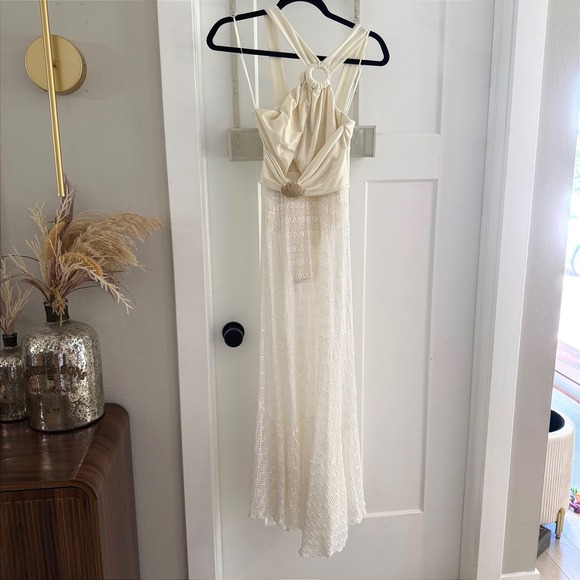 PatBO Dresses & Skirts - PatBO Asymmetric Netted Beach Dress White Seashell Halter Maxi Coastal Bridal S